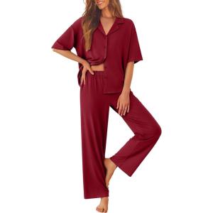 imageEkouaer Women Pajamas Set Button Down Sleepwear Short Sleeve Pjs Soft Comfy Nightwear with Long Pants SXXLWine Red
