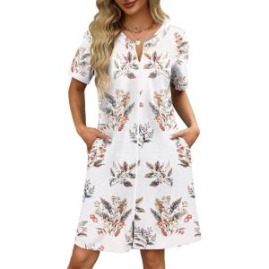 imageEkouaer Women Zipper Robes Waffle Short Bathrobe Lightweight House Coat with Pockets Soft Nightgown S3XLWhite Leaf
