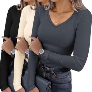 imageEkouaer Womens 3 Pack Long Sleeve Shirts V Neck Ribbed Slim Fit Basic Tops Thermal Undershirts Casual Tee XSXXLBlackBeigeDark Grey