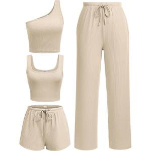 imageEkouaer Womens 4 Piece Lounge Sets Ribbed Knit Crop Tank Top and Shorts Pants Casual Outfits01 Light Coffee