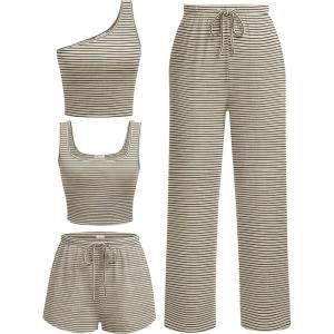 imageEkouaer Womens 4 Piece Lounge Sets Ribbed Knit Crop Tank Top and Shorts Pants Casual OutfitsBeige Black Stripe