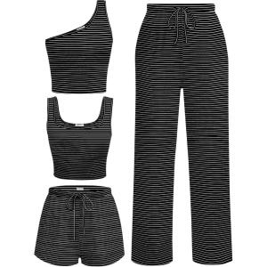 imageEkouaer Womens 4 Piece Lounge Sets Ribbed Knit Crop Tank Top and Shorts Pants Casual OutfitsBlack White Stripe