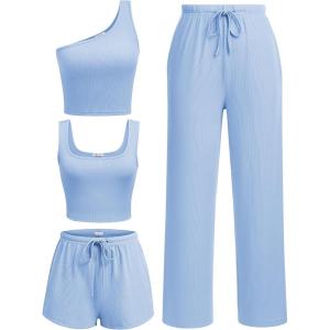 imageEkouaer Womens 4 Piece Lounge Sets Ribbed Knit Crop Tank Top and Shorts Pants Casual OutfitsBlue