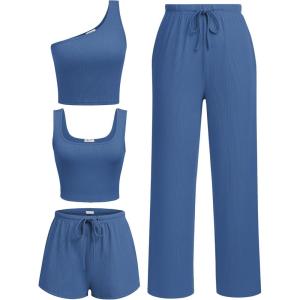 imageEkouaer Womens 4 Piece Lounge Sets Ribbed Knit Crop Tank Top and Shorts Pants Casual OutfitsBlue Gray