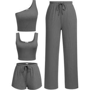 imageEkouaer Womens 4 Piece Lounge Sets Ribbed Knit Crop Tank Top and Shorts Pants Casual OutfitsDark Grey