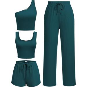 imageEkouaer Womens 4 Piece Lounge Sets Ribbed Knit Crop Tank Top and Shorts Pants Casual OutfitsLake Green