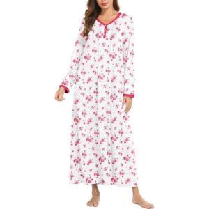 imageEkouaer Womens Long Sleeve Nightgown Full Length Sleepwear Long Sleepshirts Henley Sleep Dress S4XLBig Pink Flower