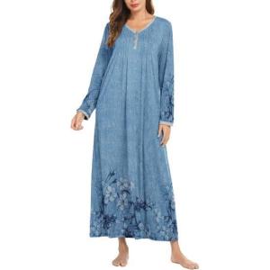 imageEkouaer Womens Long Sleeve Nightgown Full Length Sleepwear Long Sleepshirts Henley Sleep Dress S4XLBlue Ink Flower