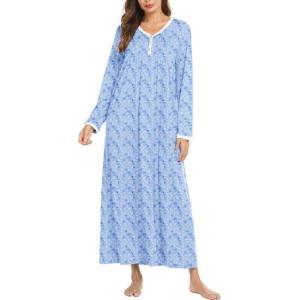 imageEkouaer Womens Long Sleeve Nightgown Full Length Sleepwear Long Sleepshirts Henley Sleep Dress S4XLBlue Leaves