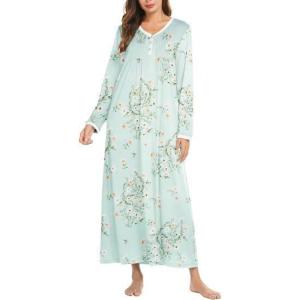 imageEkouaer Womens Long Sleeve Nightgown Full Length Sleepwear Long Sleepshirts Henley Sleep Dress S4XLGreen Daisy