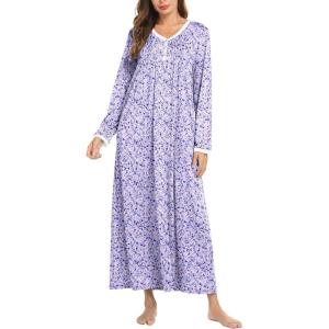 imageEkouaer Womens Long Sleeve Nightgown Full Length Sleepwear Long Sleepshirts Henley Sleep Dress S4XLPurple Floral