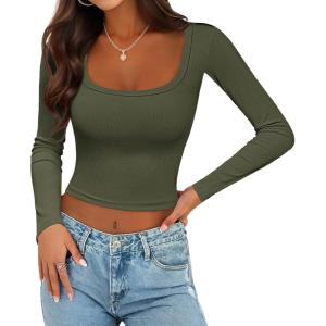 imageEkouaer Womens Long Sleeve Square Neck Crop Top Ribbed Slim Fitted Going Out Y2K Tops Casual Basic Shirts TeeArmy Green