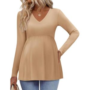 imageEkouaer Womens Maternity Shirts Long Sleeve Pregnancy Tops for Women V Neck Tunic Blouses ClothesKhaki