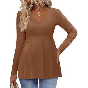 imageEkouaer Womens Maternity Shirts Long Sleeve Pregnancy Tops for Women V Neck Tunic Blouses ClothesLight Brown