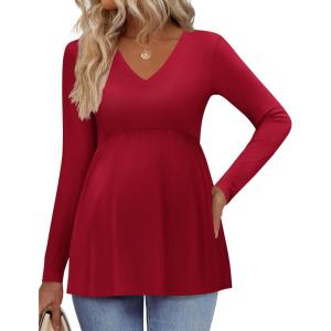 imageEkouaer Womens Maternity Shirts Long Sleeve Pregnancy Tops for Women V Neck Tunic Blouses ClothesWine Red