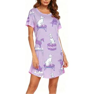 imageEkouaer Womens Nightgown Short Sleeve Night Dress Printed Sleepwear Soft Sleep Shirt S3XLPurple Dog