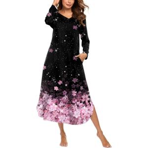 imageEkouaer Womens Nightgown VNeck Loungewear Long Sleeve Sleepwear Full Length Nightgown for Women S4XLBlack Pink Sakura