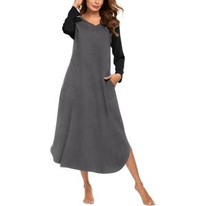 imageEkouaer Womens Nightgown VNeck Loungewear Long Sleeve Sleepwear Full Length Nightgown for Women S4XLGrey