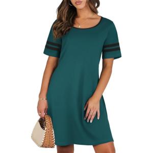 imageEkouaer Womens Nightgowns Short Sleeve Cotton Sleepwear Crew Neck Loungewear Color Block Nightshirt Summer DressesBlue Green
