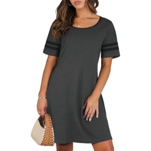 imageEkouaer Womens Nightgowns Short Sleeve Cotton Sleepwear Crew Neck Loungewear Color Block Nightshirt Summer DressesDark Grey