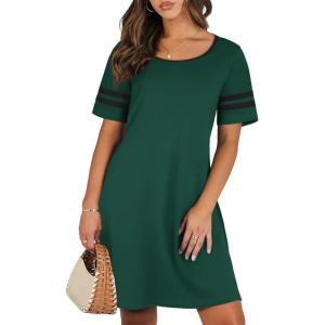 imageEkouaer Womens Nightgowns Short Sleeve Cotton Sleepwear Crew Neck Loungewear Color Block Nightshirt Summer DressesGreen