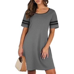 imageEkouaer Womens Nightgowns Short Sleeve Cotton Sleepwear Crew Neck Loungewear Color Block Nightshirt Summer DressesGrey