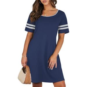 imageEkouaer Womens Nightgowns Short Sleeve Cotton Sleepwear Crew Neck Loungewear Color Block Nightshirt Summer DressesNavy Blue