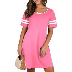 imageEkouaer Womens Nightgowns Short Sleeve Cotton Sleepwear Crew Neck Loungewear Color Block Nightshirt Summer DressesPink