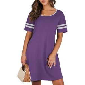 imageEkouaer Womens Nightgowns Short Sleeve Cotton Sleepwear Crew Neck Loungewear Color Block Nightshirt Summer DressesPurple