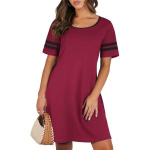 imageEkouaer Womens Nightgowns Short Sleeve Cotton Sleepwear Crew Neck Loungewear Color Block Nightshirt Summer DressesWine Red