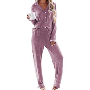 imageEkouaer Womens Pajama Sets Long Sleeve Button Down 2 Piece Pjs Soft Lounge Sets Notch Collar SleepwearCherry Red