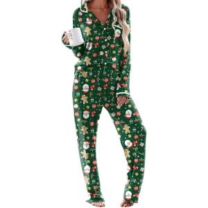 imageEkouaer Womens Pajama Sets Long Sleeve Button Down 2 Piece Pjs Soft Lounge Sets Notch Collar SleepwearChristmas Green