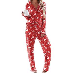 imageEkouaer Womens Pajama Sets Long Sleeve Button Down 2 Piece Pjs Soft Lounge Sets Notch Collar SleepwearChristmas Red