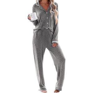 imageEkouaer Womens Pajama Sets Long Sleeve Button Down 2 Piece Pjs Soft Lounge Sets Notch Collar SleepwearDark Grey