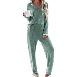 imageEkouaer Womens Pajama Sets Long Sleeve Button Down 2 Piece Pjs Soft Lounge Sets Notch Collar SleepwearGreen
