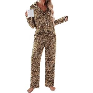 imageEkouaer Womens Pajama Sets Long Sleeve Button Down 2 Piece Pjs Soft Lounge Sets Notch Collar SleepwearLeopard