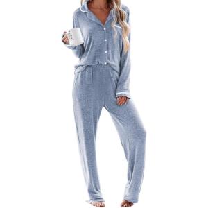 imageEkouaer Womens Pajama Sets Long Sleeve Button Down 2 Piece Pjs Soft Lounge Sets Notch Collar SleepwearLight Blue