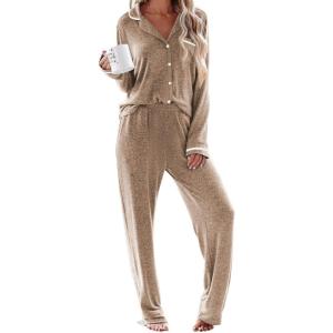 imageEkouaer Womens Pajama Sets Long Sleeve Button Down 2 Piece Pjs Soft Lounge Sets Notch Collar SleepwearLight Brown