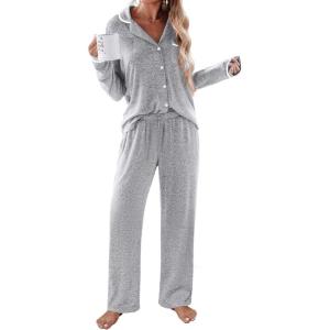 imageEkouaer Womens Pajama Sets Long Sleeve Button Down 2 Piece Pjs Soft Lounge Sets Notch Collar SleepwearLight Grey