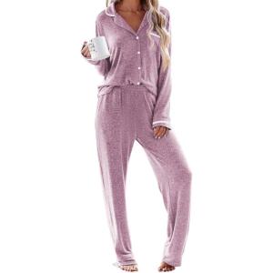 imageEkouaer Womens Pajama Sets Long Sleeve Button Down 2 Piece Pjs Soft Lounge Sets Notch Collar SleepwearLilac