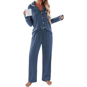 imageEkouaer Womens Pajama Sets Long Sleeve Button Down 2 Piece Pjs Soft Lounge Sets Notch Collar SleepwearNavy