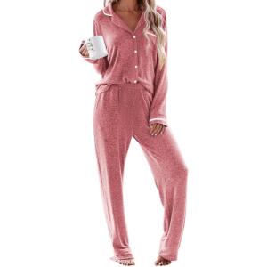 imageEkouaer Womens Pajama Sets Long Sleeve Button Down 2 Piece Pjs Soft Lounge Sets Notch Collar SleepwearOrange Red