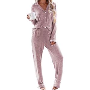 imageEkouaer Womens Pajama Sets Long Sleeve Button Down 2 Piece Pjs Soft Lounge Sets Notch Collar SleepwearPink