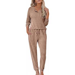 imageEkouaer Womens Pajama Sets Long Sleeve Lounge Set 2 Piece Pj Sets for Women Henley Neck Casual Sleepwear Loungewear SXXLBrown