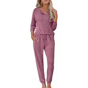 imageEkouaer Womens Pajama Sets Long Sleeve Lounge Set 2 Piece Pj Sets for Women Henley Neck Casual Sleepwear Loungewear SXXLDeep Red