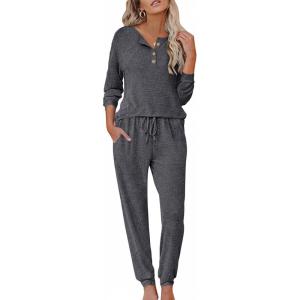 imageEkouaer Womens Pajama Sets Long Sleeve Lounge Set 2 Piece Pj Sets for Women Henley Neck Casual Sleepwear Loungewear SXXLGrey