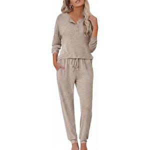 imageEkouaer Womens Pajama Sets Long Sleeve Lounge Set 2 Piece Pj Sets for Women Henley Neck Casual Sleepwear Loungewear SXXLKhaki