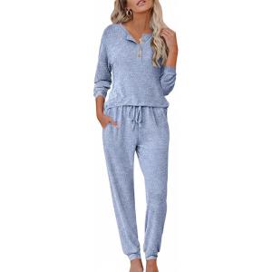 imageEkouaer Womens Pajama Sets Long Sleeve Lounge Set 2 Piece Pj Sets for Women Henley Neck Casual Sleepwear Loungewear SXXLLight Blue