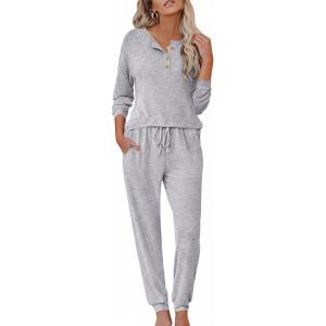 imageEkouaer Womens Pajama Sets Long Sleeve Lounge Set 2 Piece Pj Sets for Women Henley Neck Casual Sleepwear Loungewear SXXLLight Grey