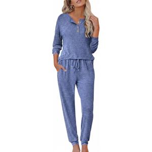 imageEkouaer Womens Pajama Sets Long Sleeve Lounge Set 2 Piece Pj Sets for Women Henley Neck Casual Sleepwear Loungewear SXXLNavy Blue